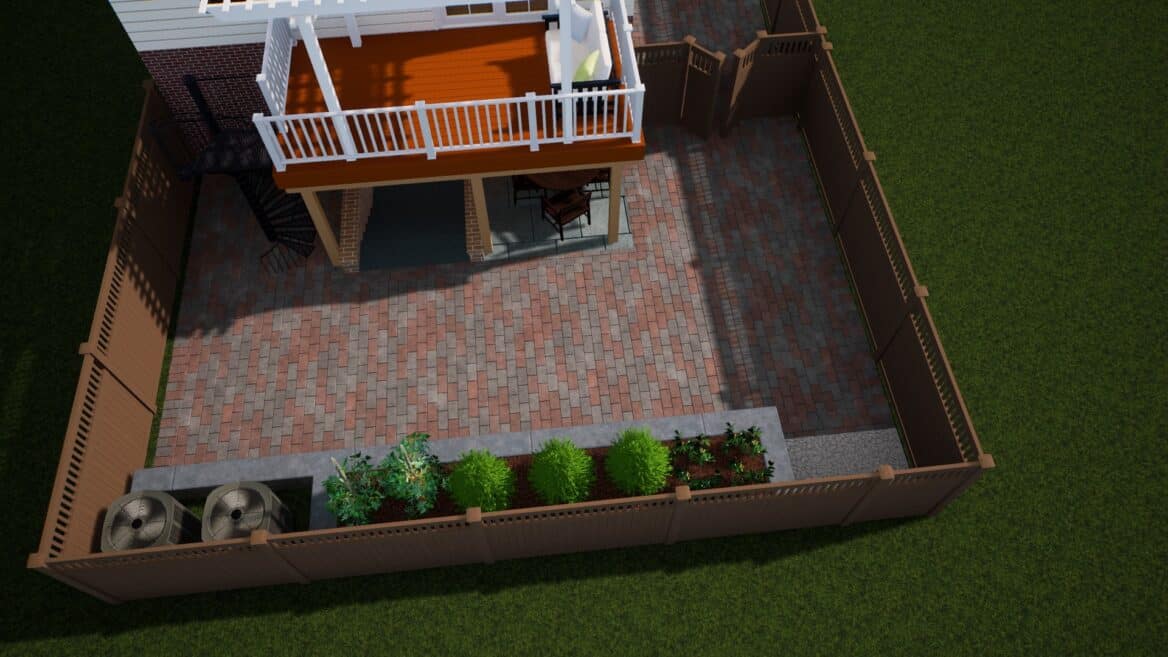 3D rendering of a completed project to convert a backyard into a patio terrace in Washington DC (Friendship Heights).
