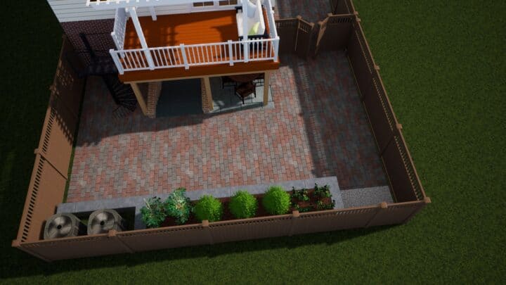 3D rendering of a completed project to convert a backyard into a patio terrace in Washington DC (Friendship Heights).